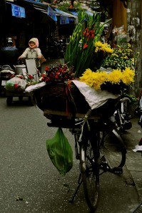 Flowers on bikes are everywhere in Hanoi
